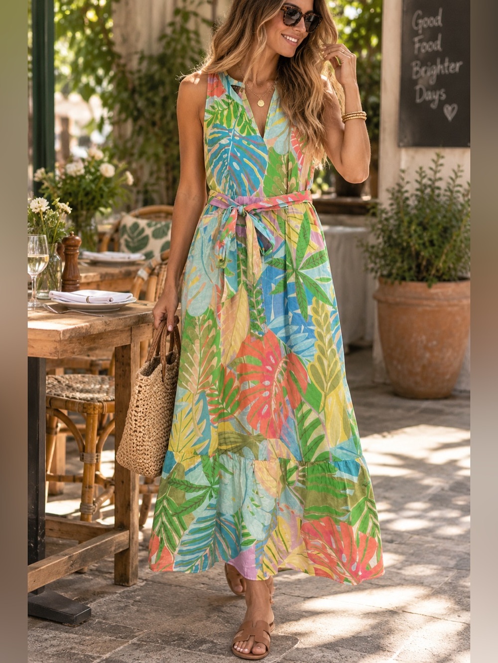 Talbots paradise foliage Tropical Leaf V-Neck Maxi Dress - cotton 14